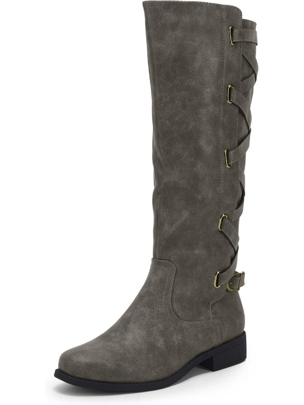Women's Light Grey Faux Leather Strappy Motorcycle Lace Up Low Heel High Boots